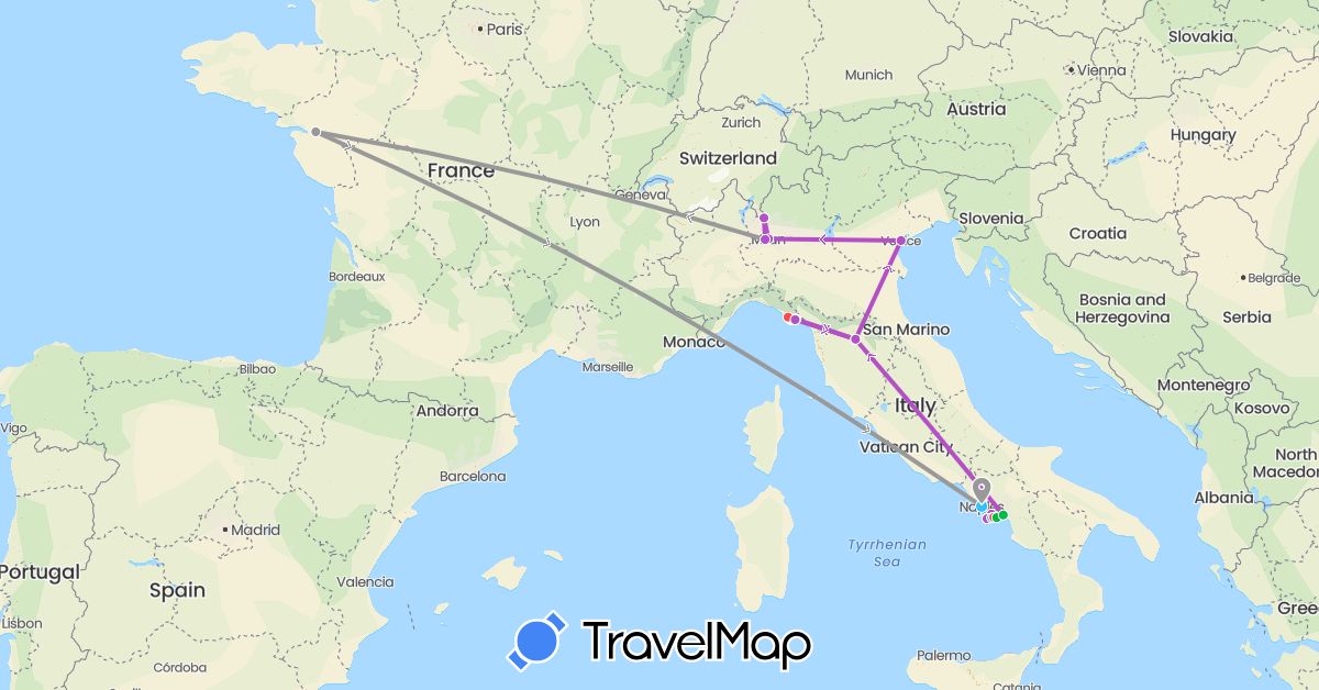 TravelMap itinerary: bus, plane, train, hiking, boat in France, Italy (Europe)